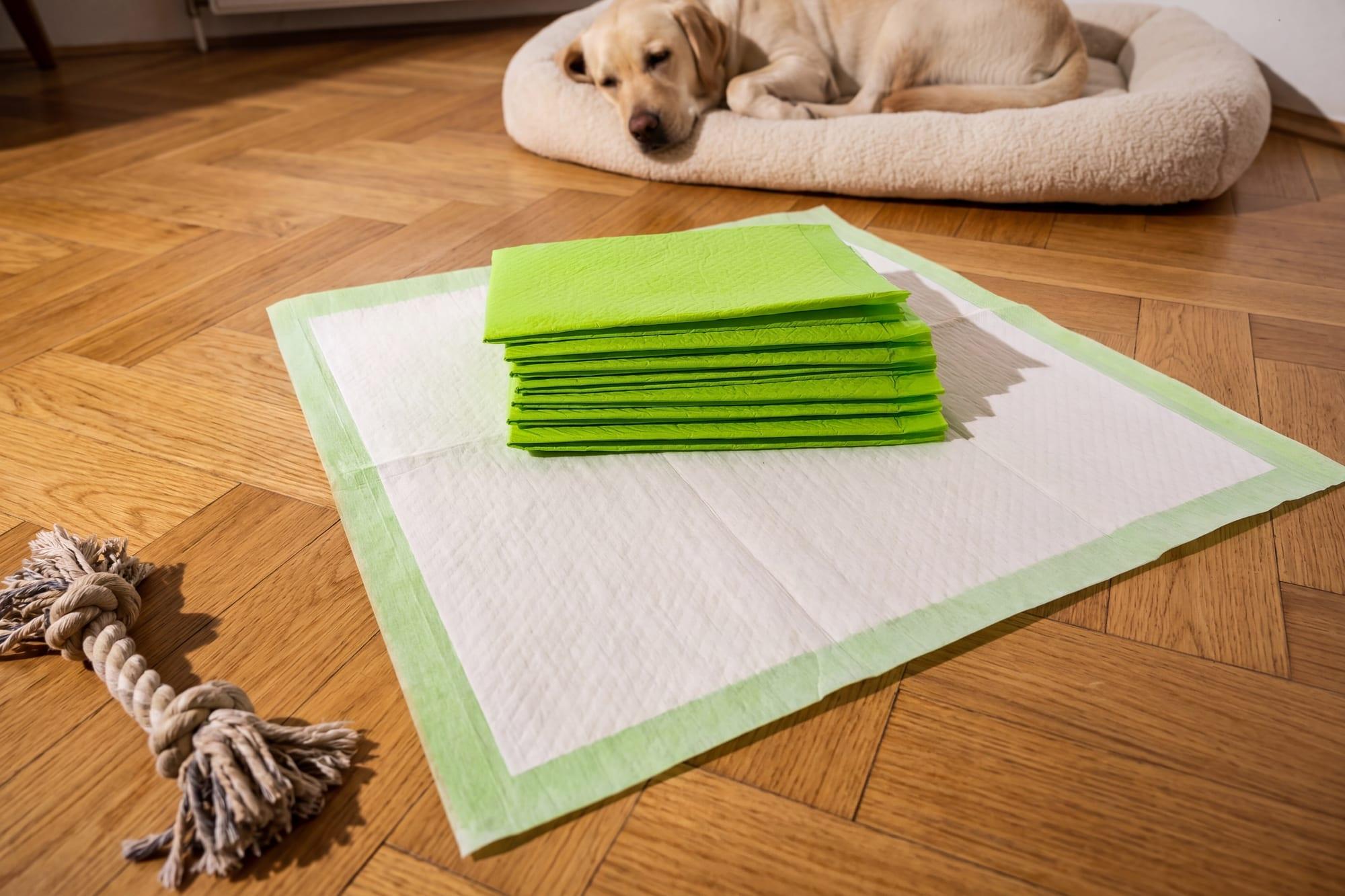 Eco-friendly Pee Pad laid out on a herringbone wood floor