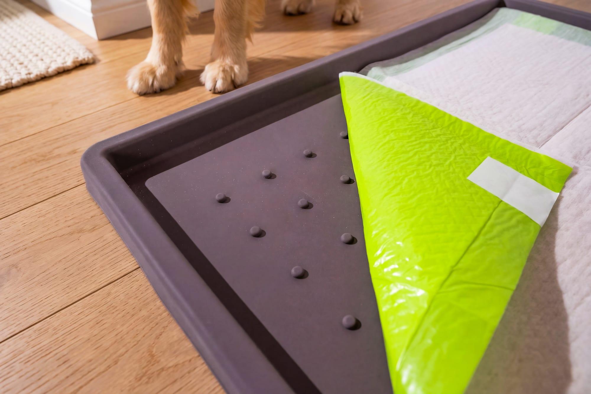 Lifting the corner of a Pee Pad secured inside the FloorMate's raised silicone wall