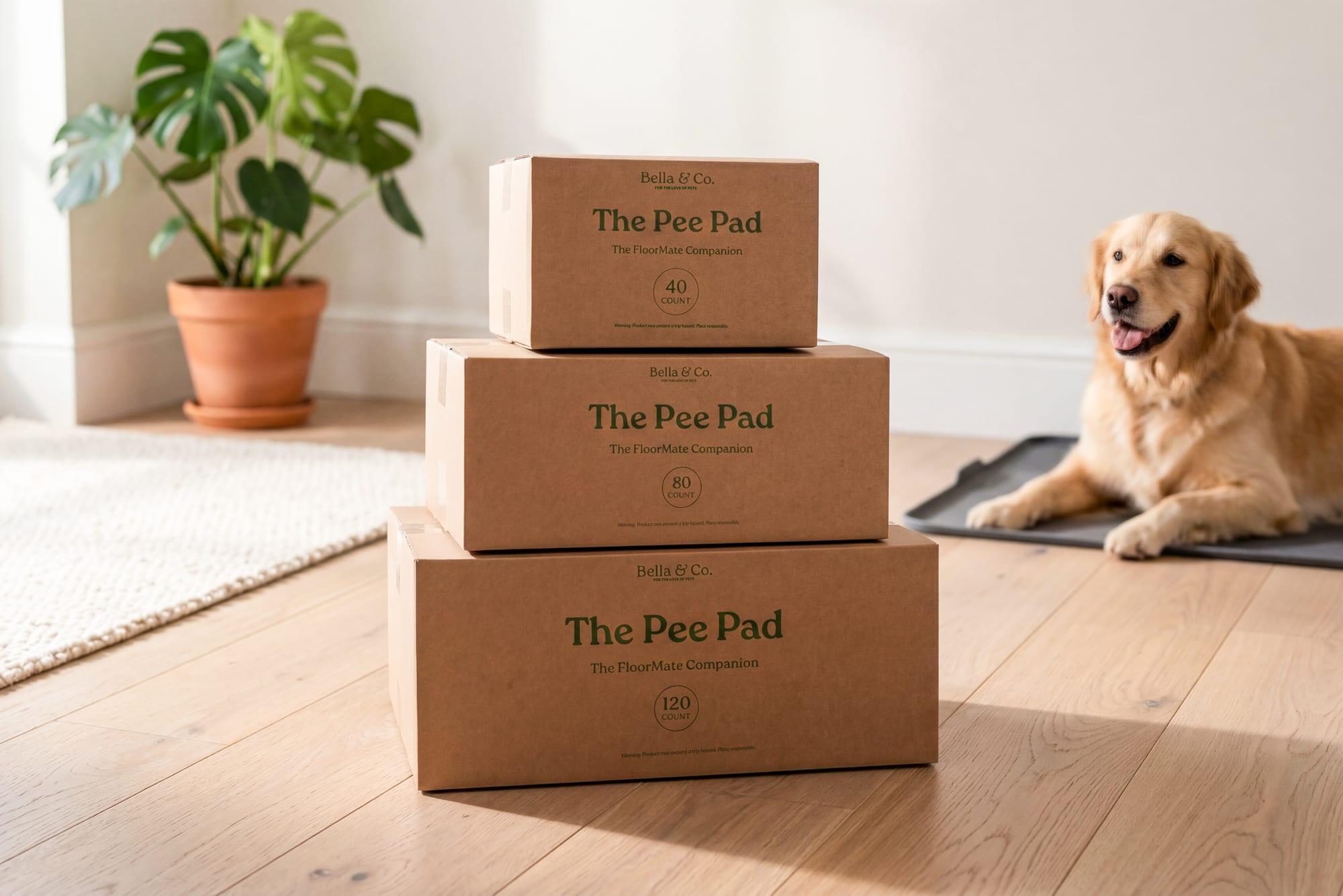 All three Pee Pad box sizes stacked: 40, 80, and 120 count